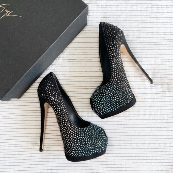 NWT Giuseppe Zanotti Sharon Crystal Embellished Peep Toe Heels Black - Picture 3 of 5